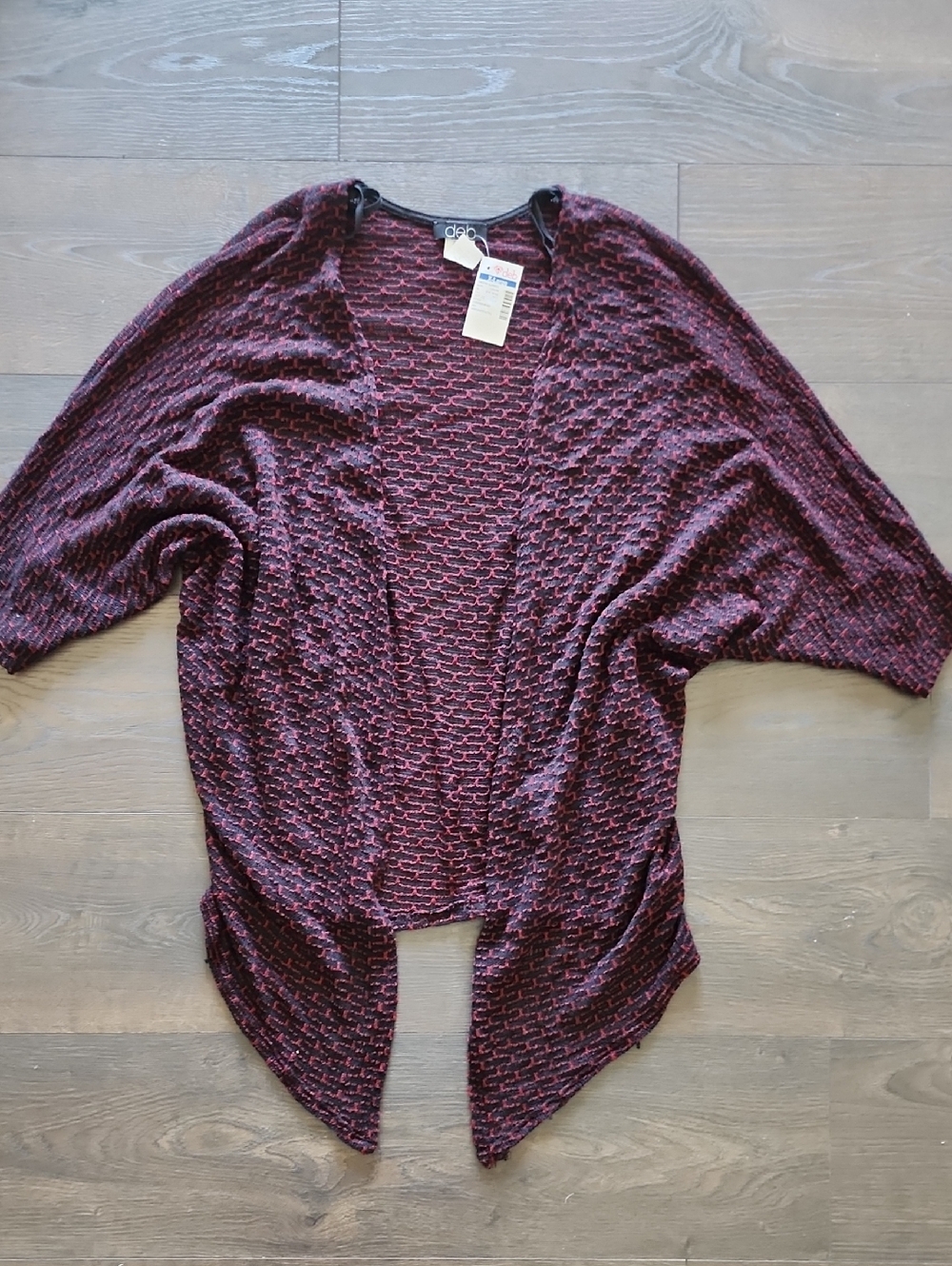 Deb Women's Burgundy Open-Front Knit Cardigan with Black Trim XL